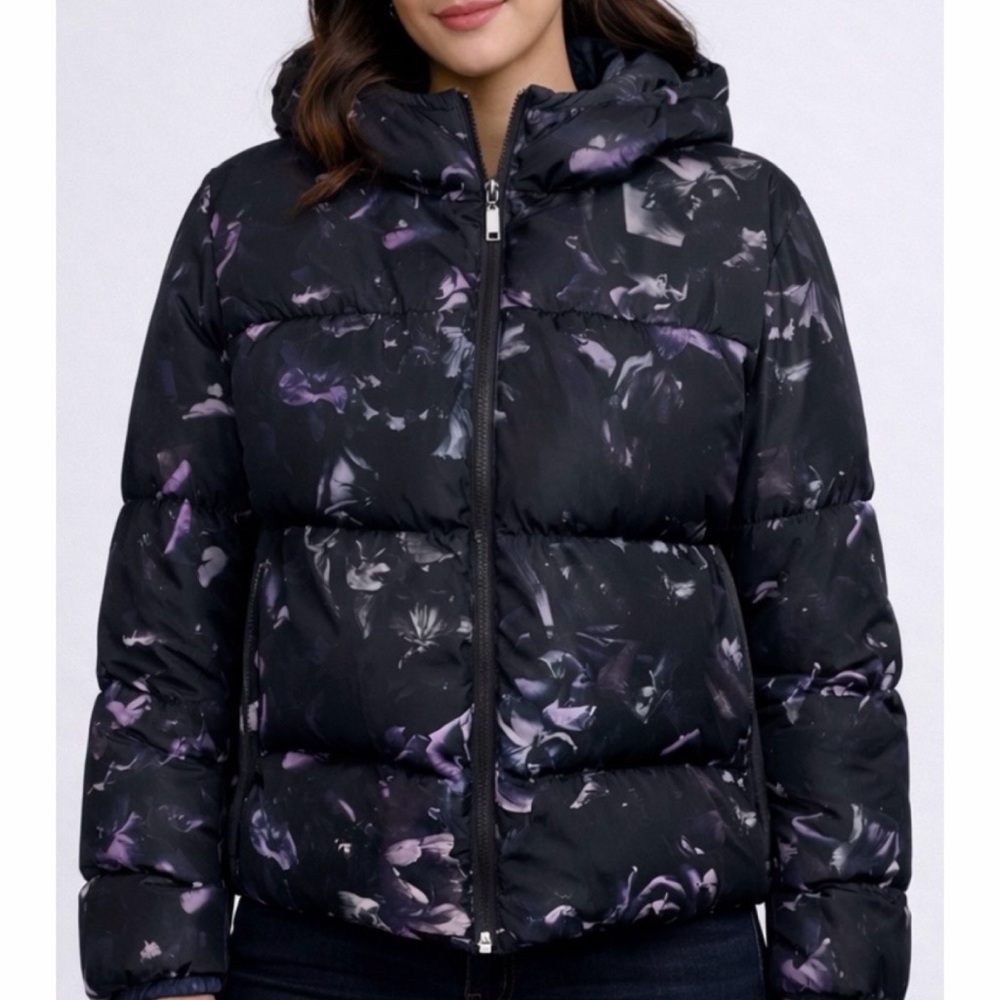 PAUL SMITH • Black/Purple Floral Print Hooded Puffer Jacket, M